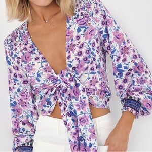 Blooming With Style Ivory Floral Tie-Front Long Sleeve Crop Top